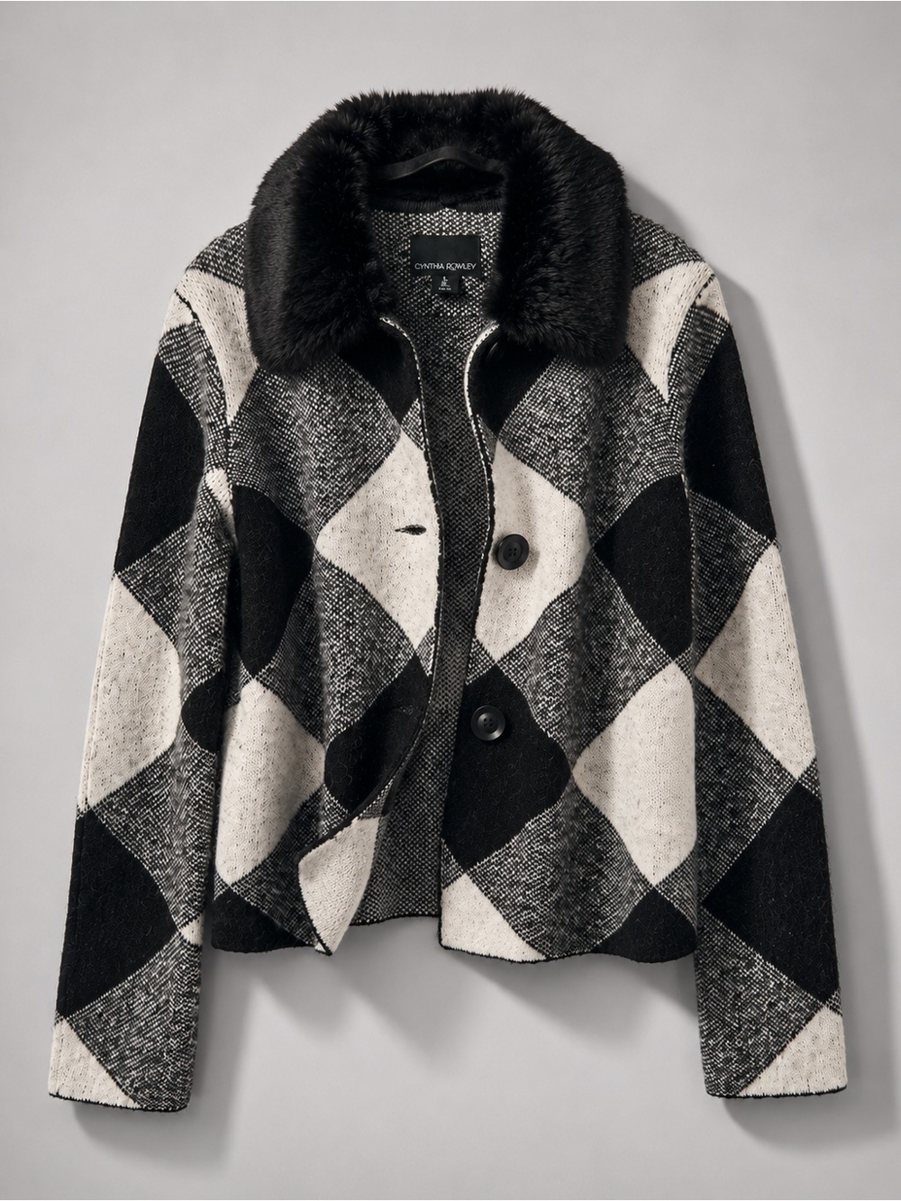 Cynthia Rowley Plaid Cardigan Sweater Removable Faux Fur Collar NWOT Women’s L